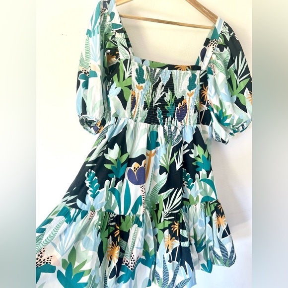 Oliphant Bubble Hem Tropical Leaf Print Puff Sleeve Cotton Mini Dress Medium - Picture 6 of 11